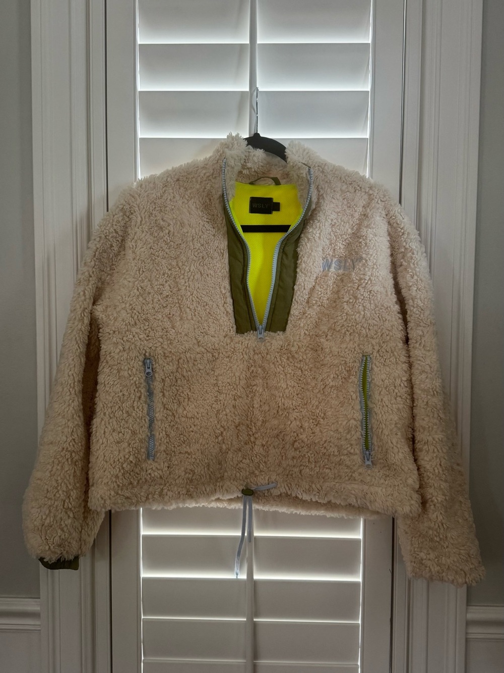 WSLY Beige Sherpa Jacket with Neon Yellow Lining
